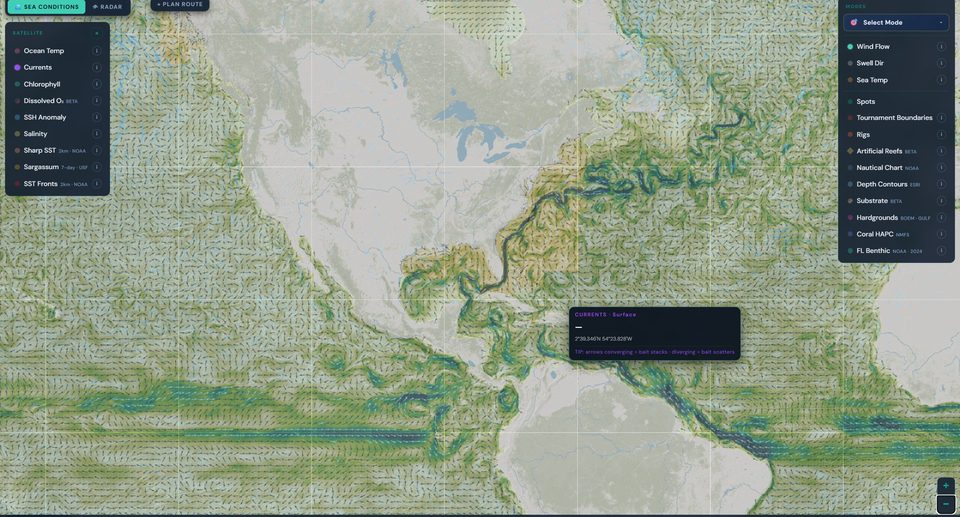 HELM Live Map showing surface currents overlay — directional arrows mapping the flow across the Atlantic and Gulf
