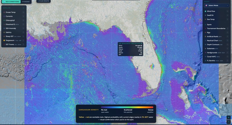 HELM Live Map showing sargassum density overlay — yellow and red areas mark workable weed mats